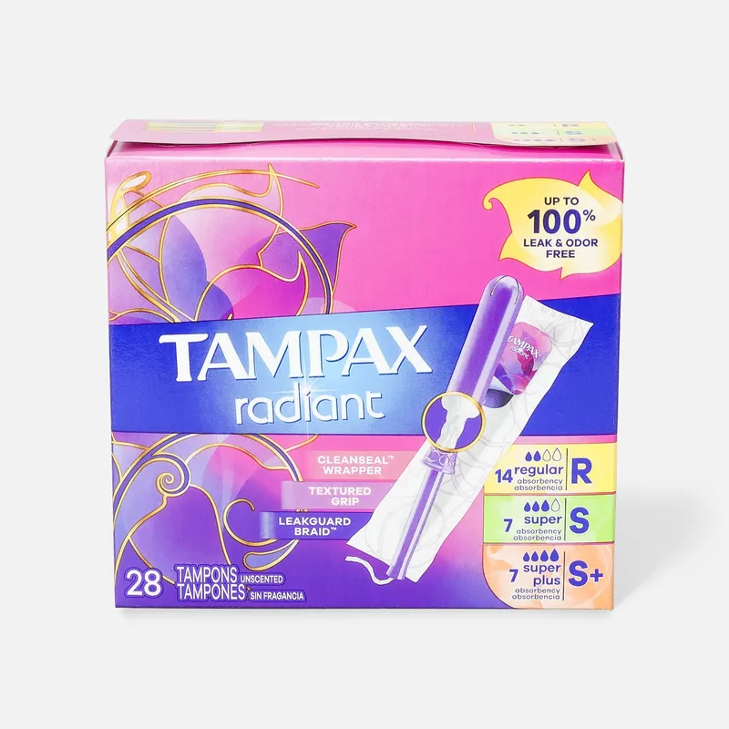 Tampax Radiant Tampons Trio Pack, Regular/Super/Super Plus Absorbency with BPA-Free Plastic Applicator and LeakGuard Braid, Unscented, 28 ct.