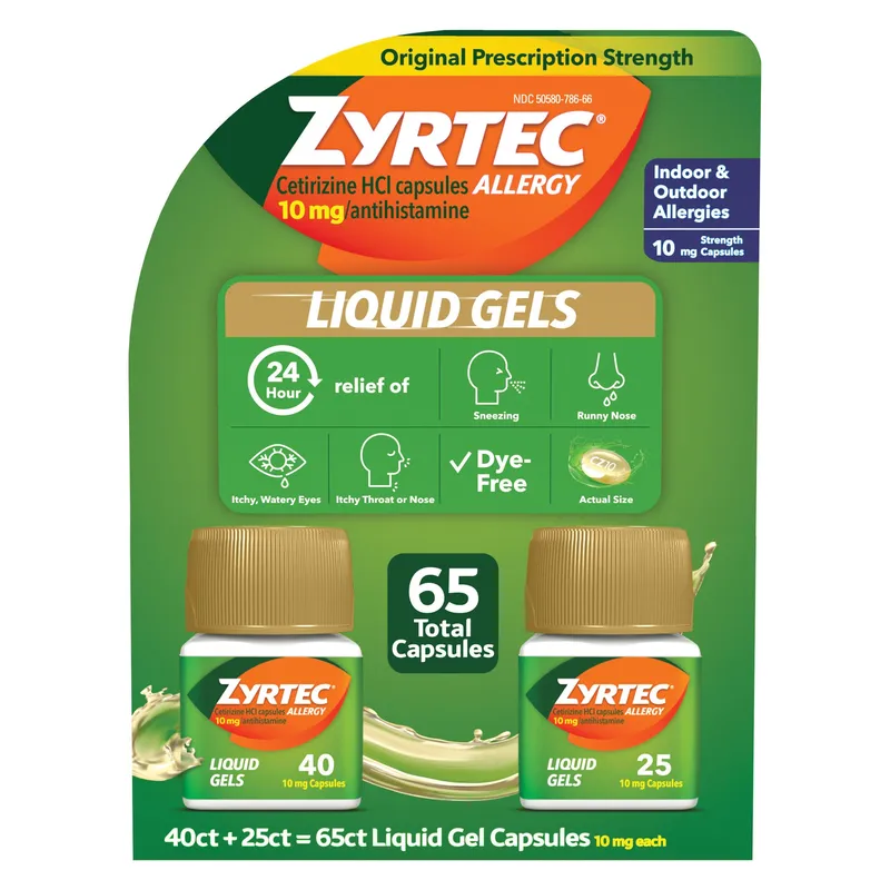 Zyrtec 24 Hour Allergy Relief Antihistamine Cetirizine HCl 10 mg, 65 Liquid Gels