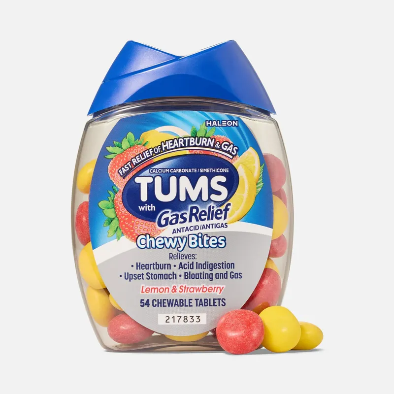 TUMS Chewy Bites Chewable Antacid Tablets with Gas Relief, Lemon & Strawberry, 54 ct.