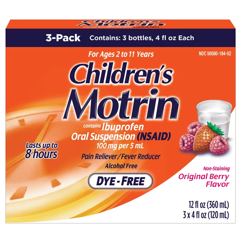 Children's Motrin Dye-Free Berry Flavor Suspension, Fever Reducer & Pain Relief, 12 Fluid Ounces