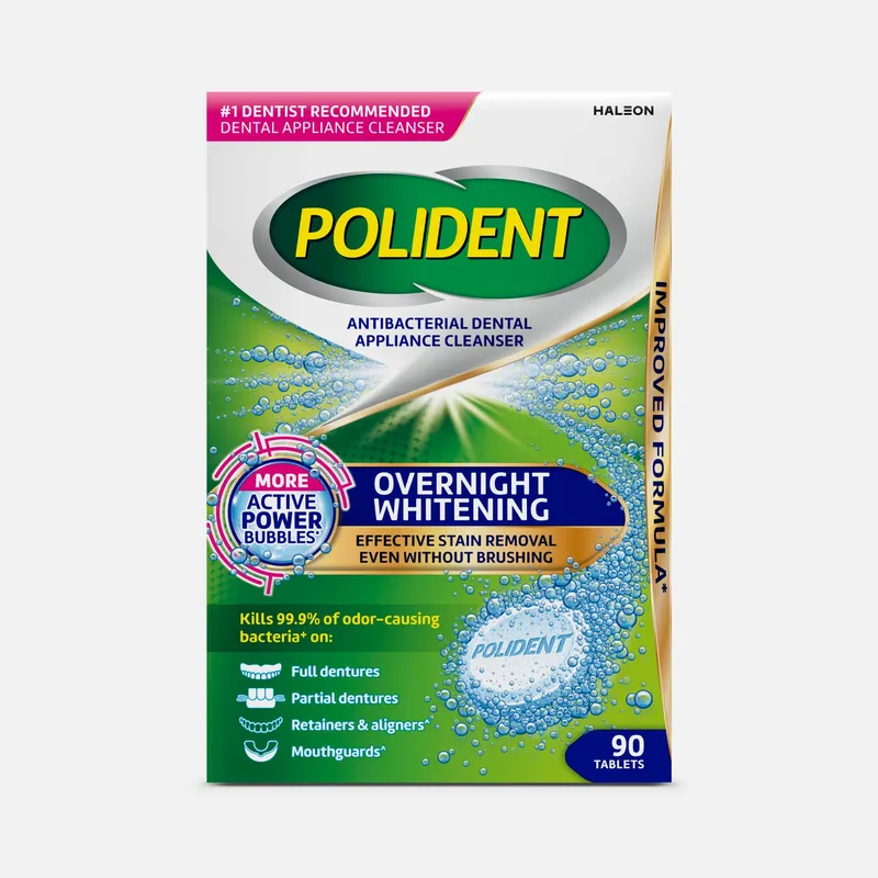 Polident Overnight Whitening Antibacterial Dental Appliance Cleanser Tablets, 90 ct.