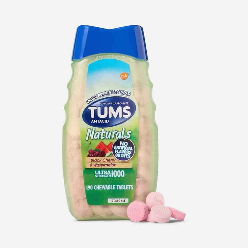 TUMS Naturals Ultra Strength Antacid Chews for Heartburn Relief, Black Cherry & Watermelon, 190 ct.
