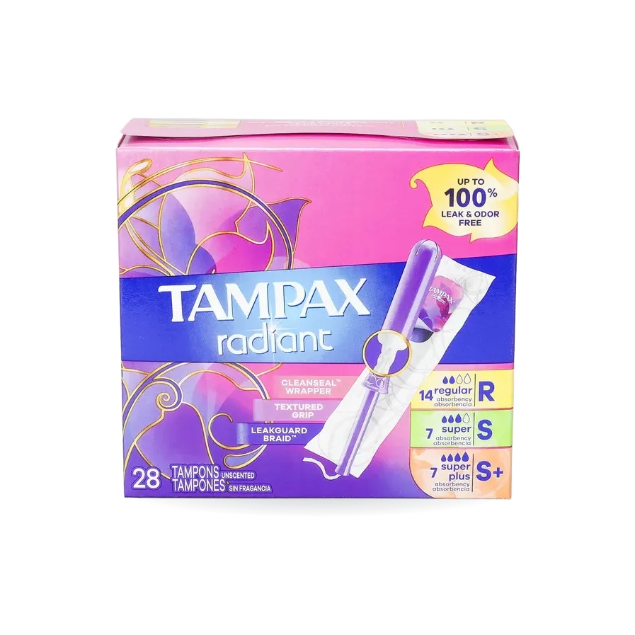 Tampax Radiant Tampons Trio Pack, Regular/Super/Super Plus Absorbency with BPA-Free Plastic Applicator and LeakGuard Braid, Unscented, 28 ct.
