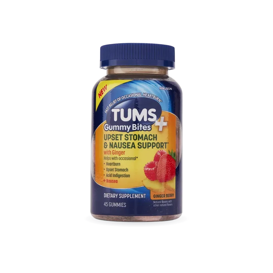 TUMS+ Upset Stomach & Nausea Support Gummy Bites, Ginger Berry, 45 ct.