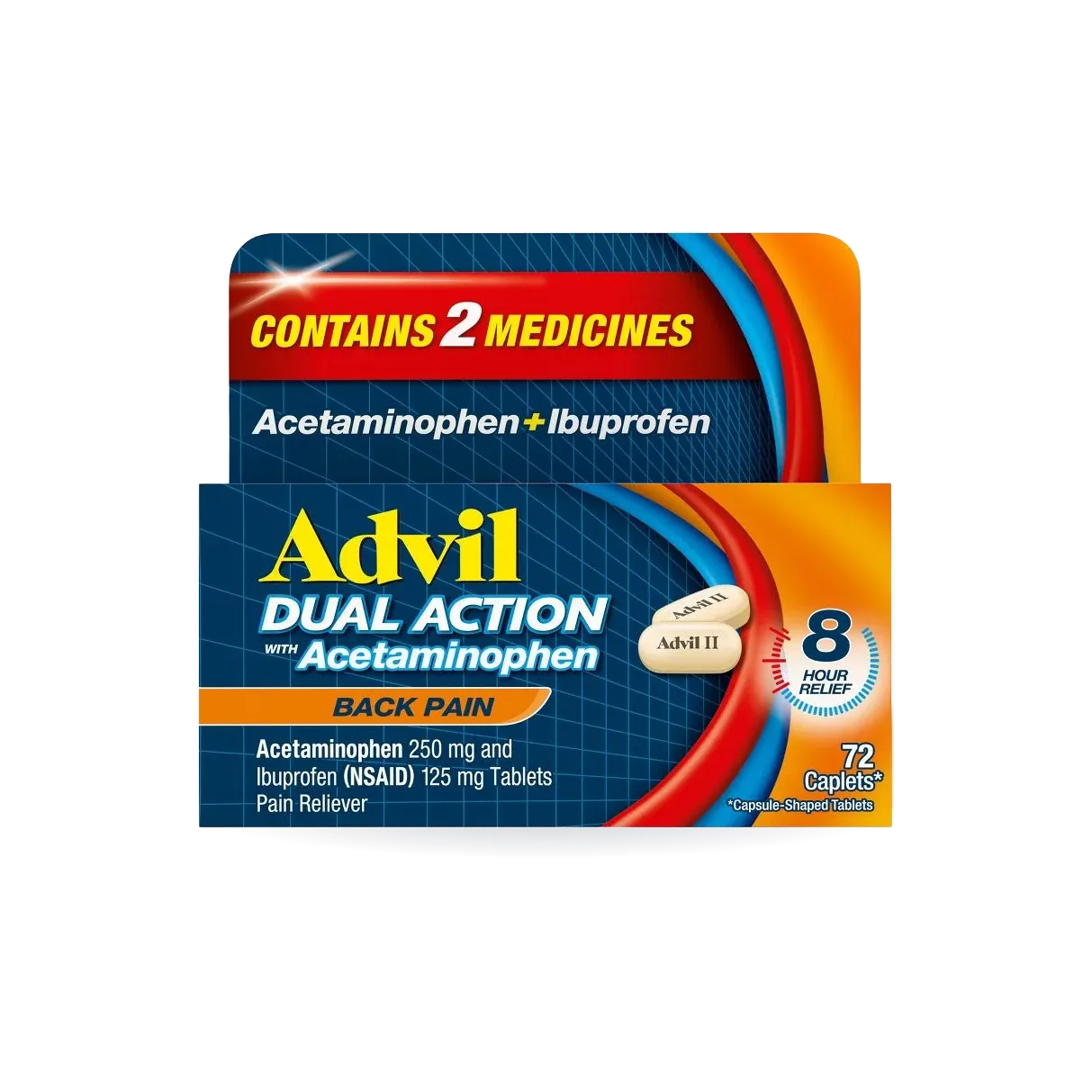 Advil Ibuprofen Dual Action NSAID Back Pain Reliever Caplet - 72ct: With Acetaminophen 250mg, Original Flavor
