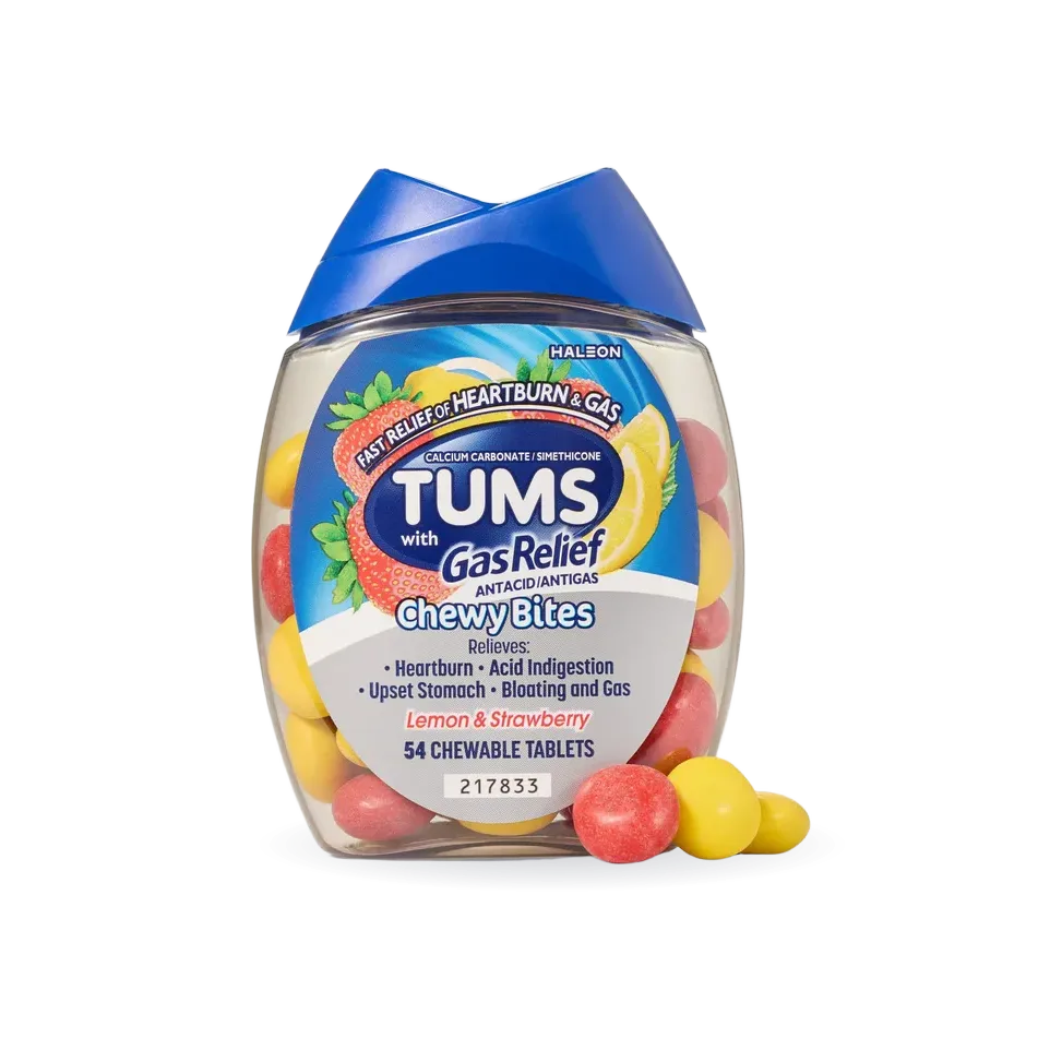 TUMS Chewy Bites Chewable Antacid Tablets with Gas Relief, Lemon & Strawberry, 54 ct.