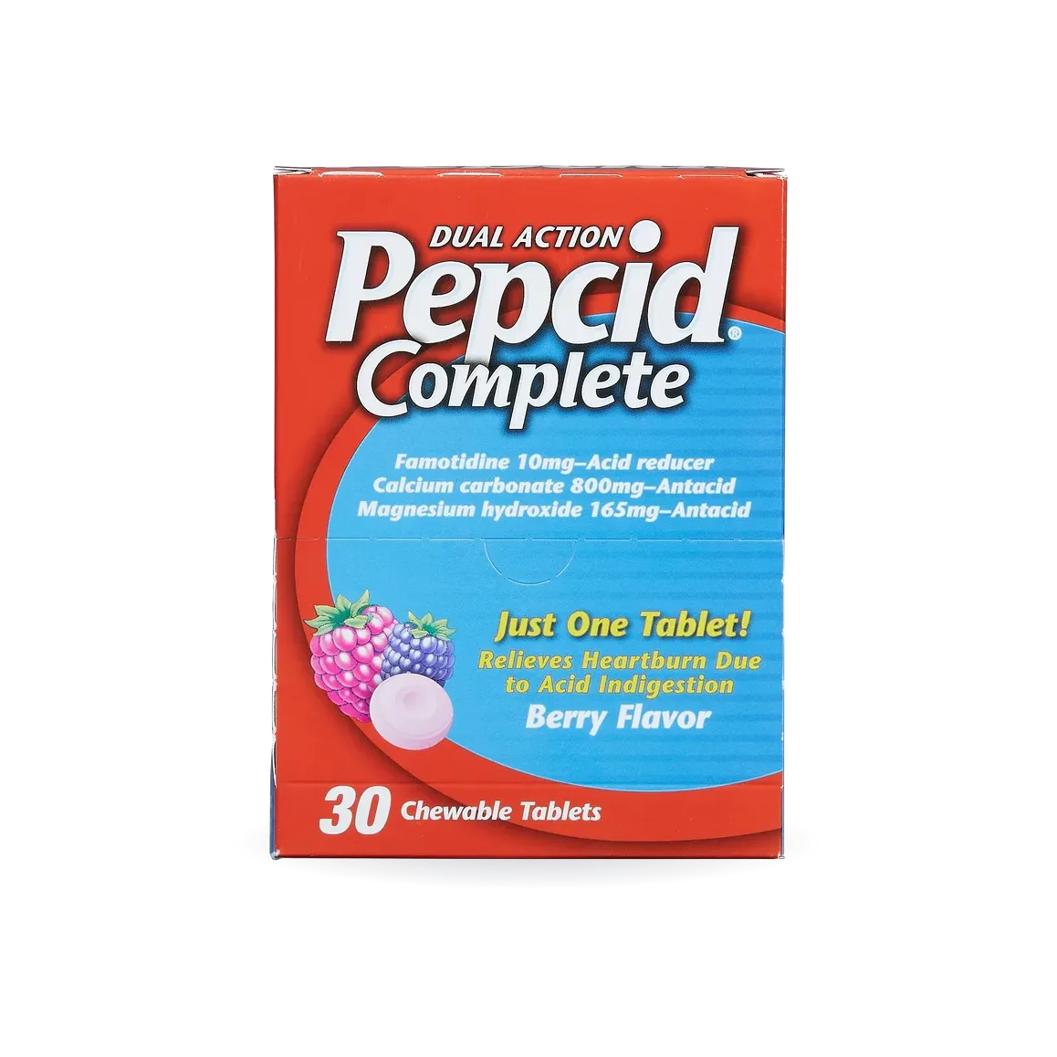 Pepcid Complete Dual Action Acid Reducer and Antacid, Chewable Tablet, Berry, Dispenser Pack, 30-count