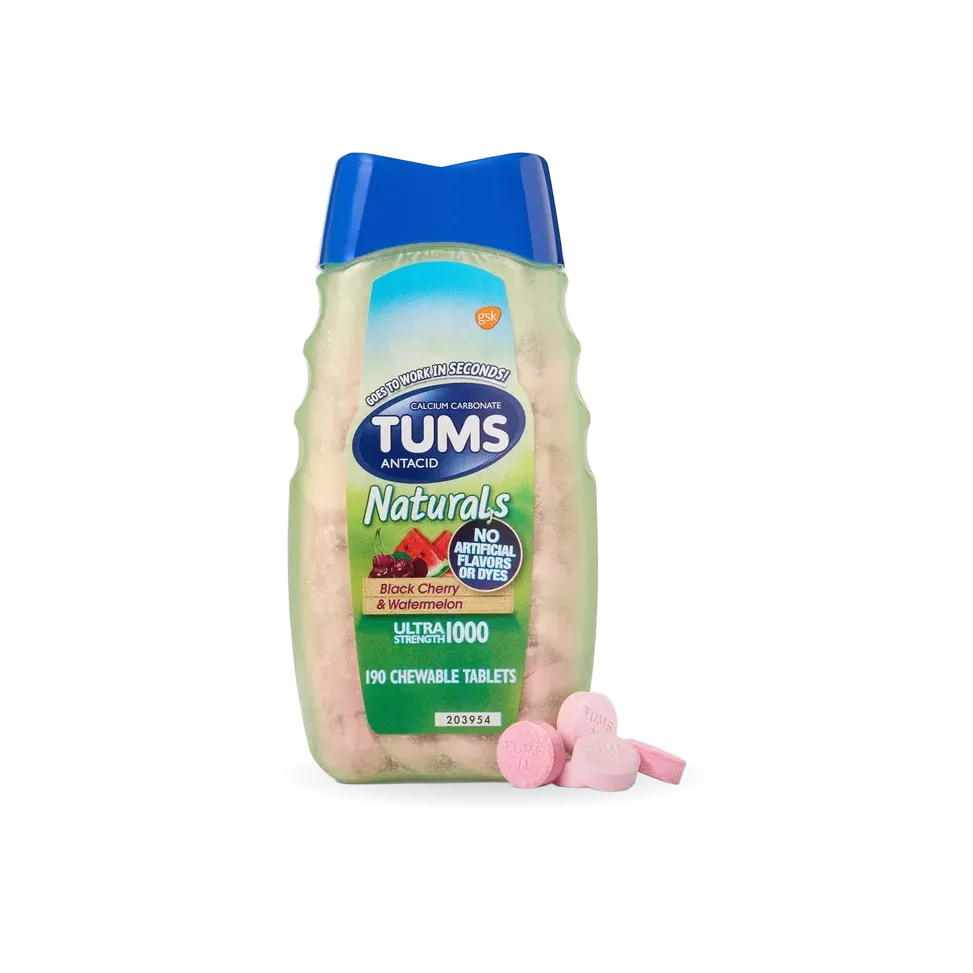 TUMS Naturals Ultra Strength Antacid Chews for Heartburn Relief, Black Cherry & Watermelon, 190 ct.