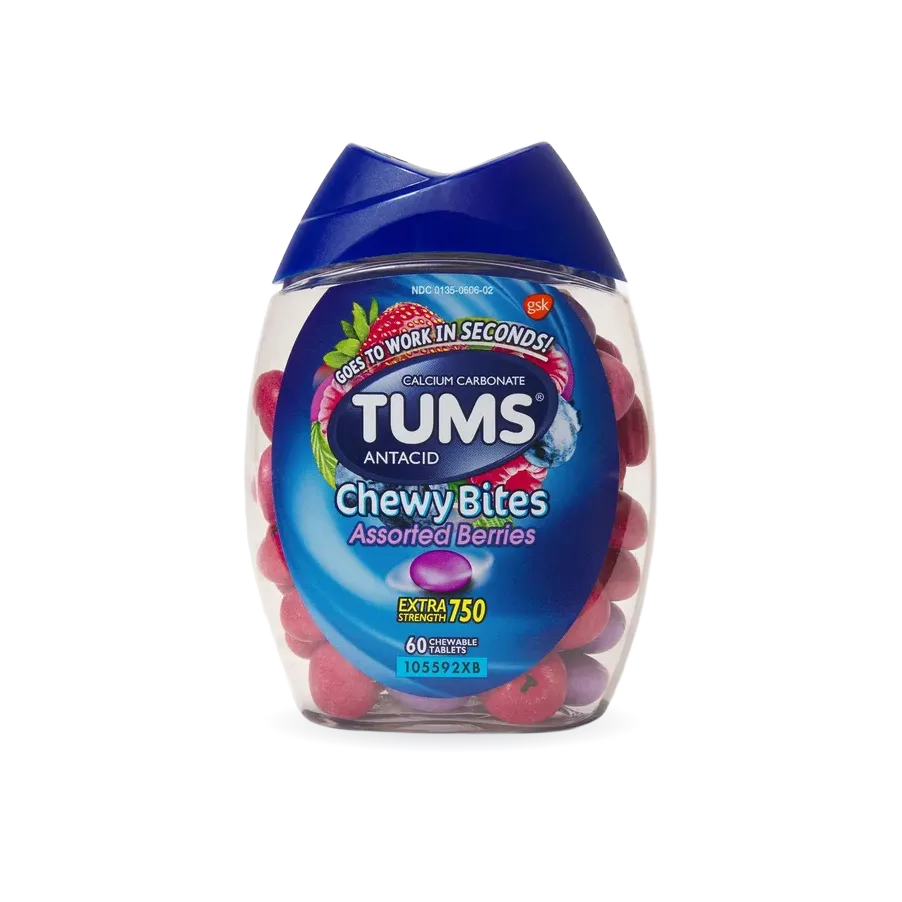 TUMS Chewy Bites Extra Strength Antacid Chewable Tablets, Assorted Berries, 60 ct.