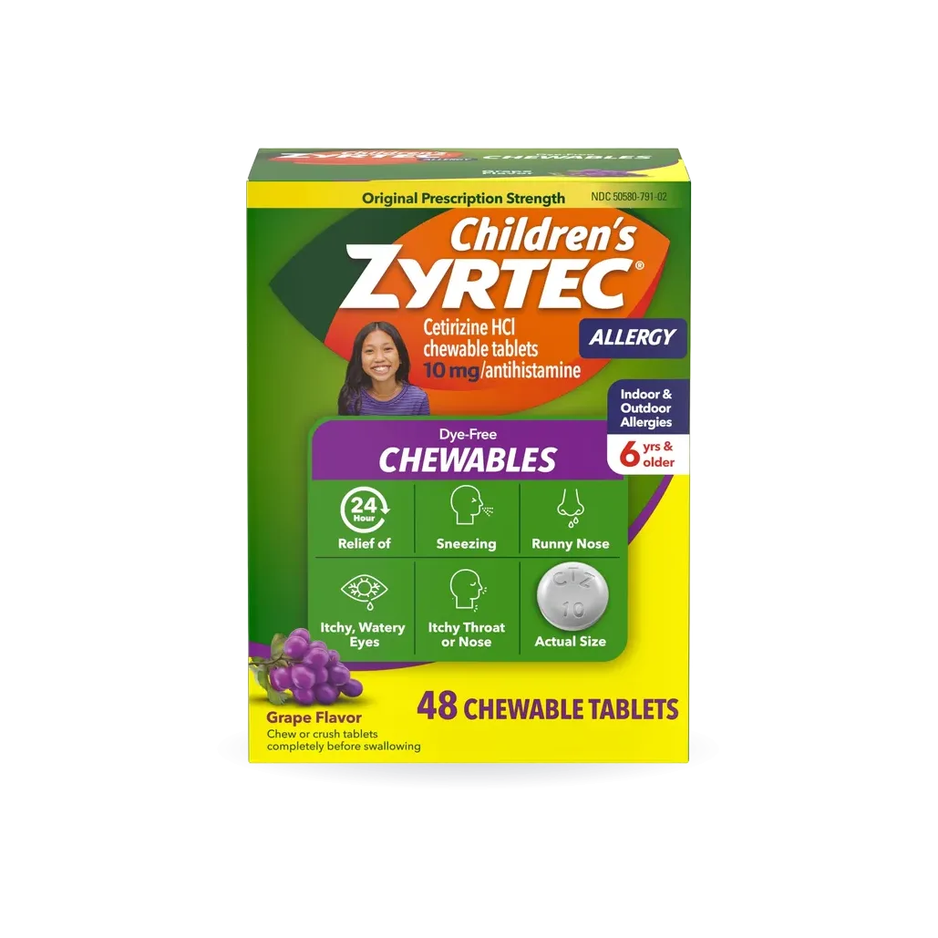 Children's Zyrtec Dye-Free Chewables, 10 mg Cetirizine, Grape, 48 ct