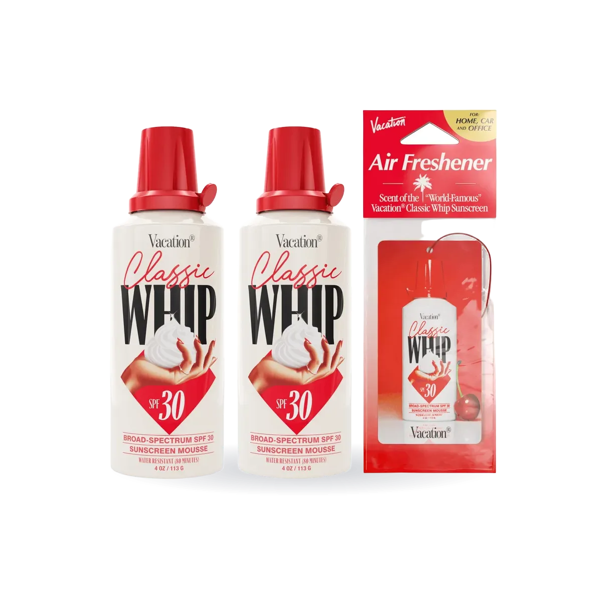 Vacation Classic Whip Sunscreen Mousse, SPF 30, 4 oz, 2-pack and Air Freshener Bundle