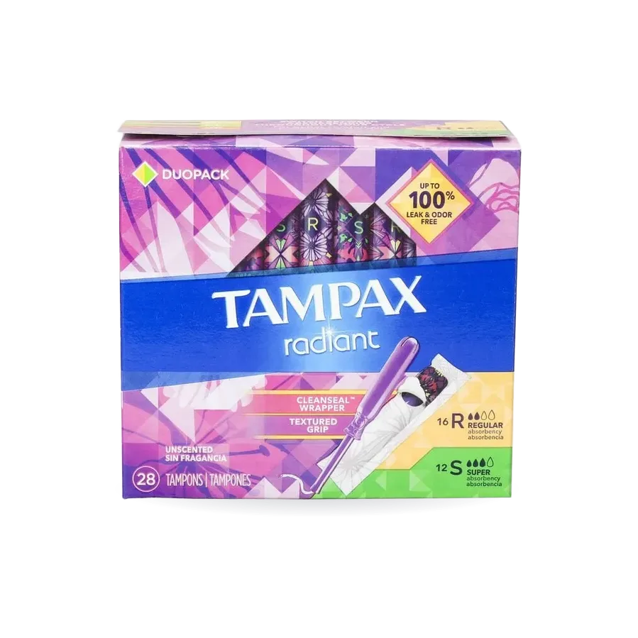 Tampax Radiant Tampons Duo Pack, Regular/Super Absorbency with BPA-Free Plastic Applicator and LeakGuard Braid, Unscented, 28 ct.